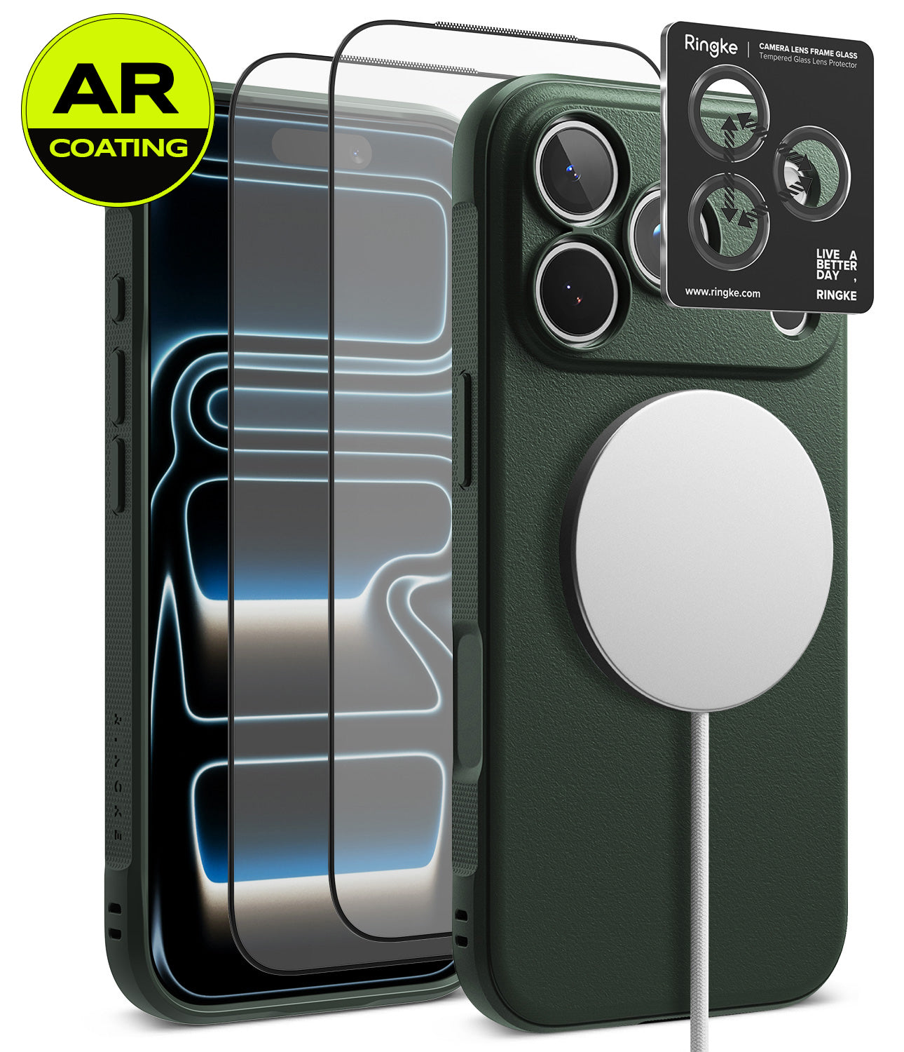 [Bundle] iPhone 18 Pro / Pro Max | Onyx Magnetic + AR Protectors - A dark green textured phone case shown with a smartphone inside, alongside two clear AR-coated screen protectors and a black Ringke camera lens protector card. The case has a white MagSafe ring attached, set against a clean white background with a yellow 'AR COATING' badge in the top-left corner.