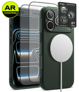 [Bundle] iPhone 18 Pro / Pro Max | Onyx Magnetic + AR Protectors - A dark green textured phone case shown with a smartphone inside, alongside two clear AR-coated screen protectors and a black Ringke camera lens protector card. The case has a white MagSafe ring attached, set against a clean white background with a yellow 'AR COATING' badge in the top-left corner.