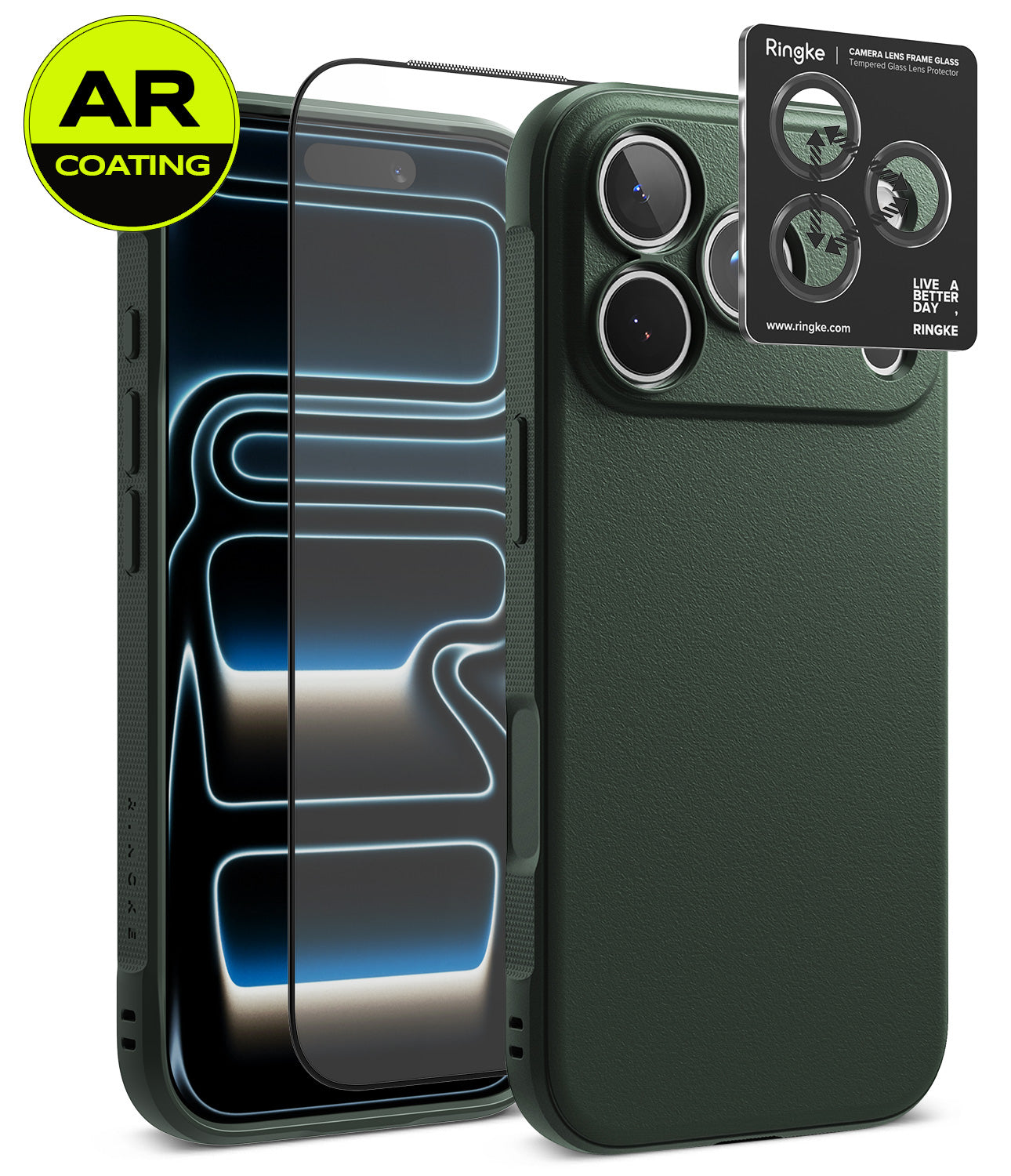 [Bundle] iPhone 18 Pro / Pro Max | Onyx + AR Protectors - A dark green textured phone case shown with two transparent screen protectors and a black Ringke camera lens protector card, on a clean white background with an AR Coating badge.