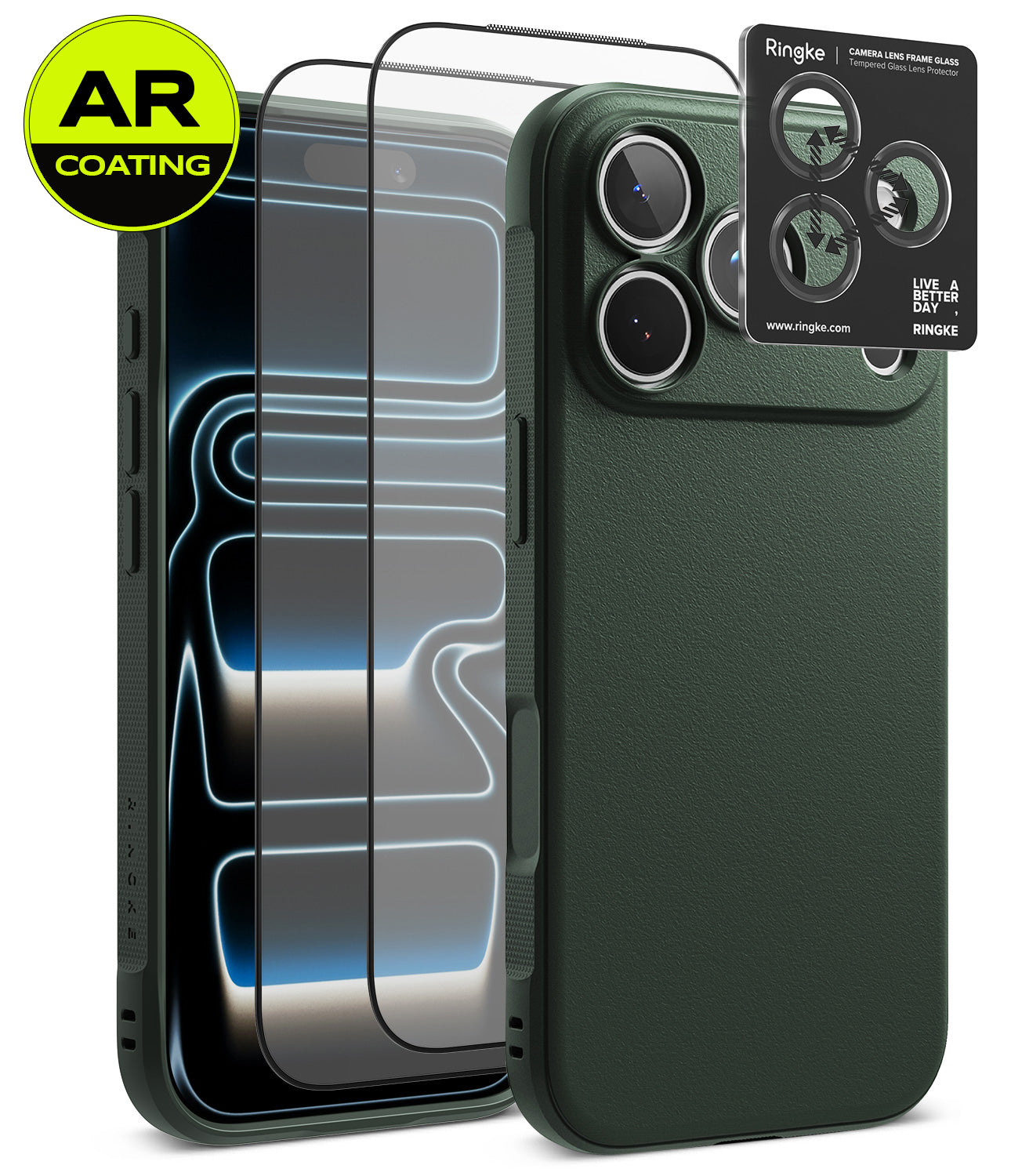 [Bundle] iPhone 18 Pro / Pro Max | Onyx + AR Protectors - A dark green textured phone case shown with two transparent screen protectors and a black Ringke camera lens protector card, on a clean white background with an AR Coating badge.
