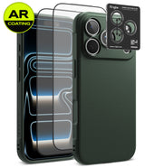 [Bundle] iPhone 18 Pro / Pro Max | Onyx + AR Protectors - A dark green textured phone case shown with two transparent screen protectors and a black Ringke camera lens protector card, on a clean white background with an AR Coating badge.