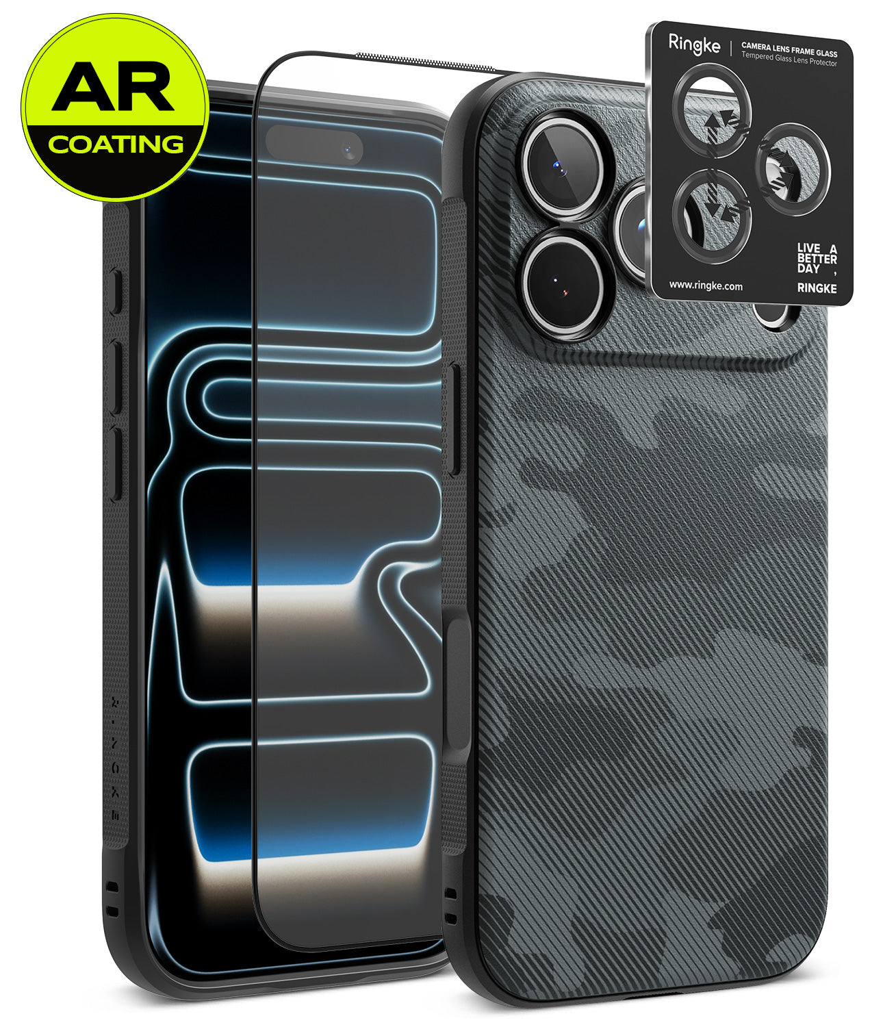 [Bundle] iPhone 18 Pro / Pro Max | Onyx + AR Protectors - A smartphone case set shown on a phone mockup against a clean white background. The product includes a black case with a dark gray carbon-fiber-style back, two clear AR-coated screen protectors, and a black camera lens protector sticker.