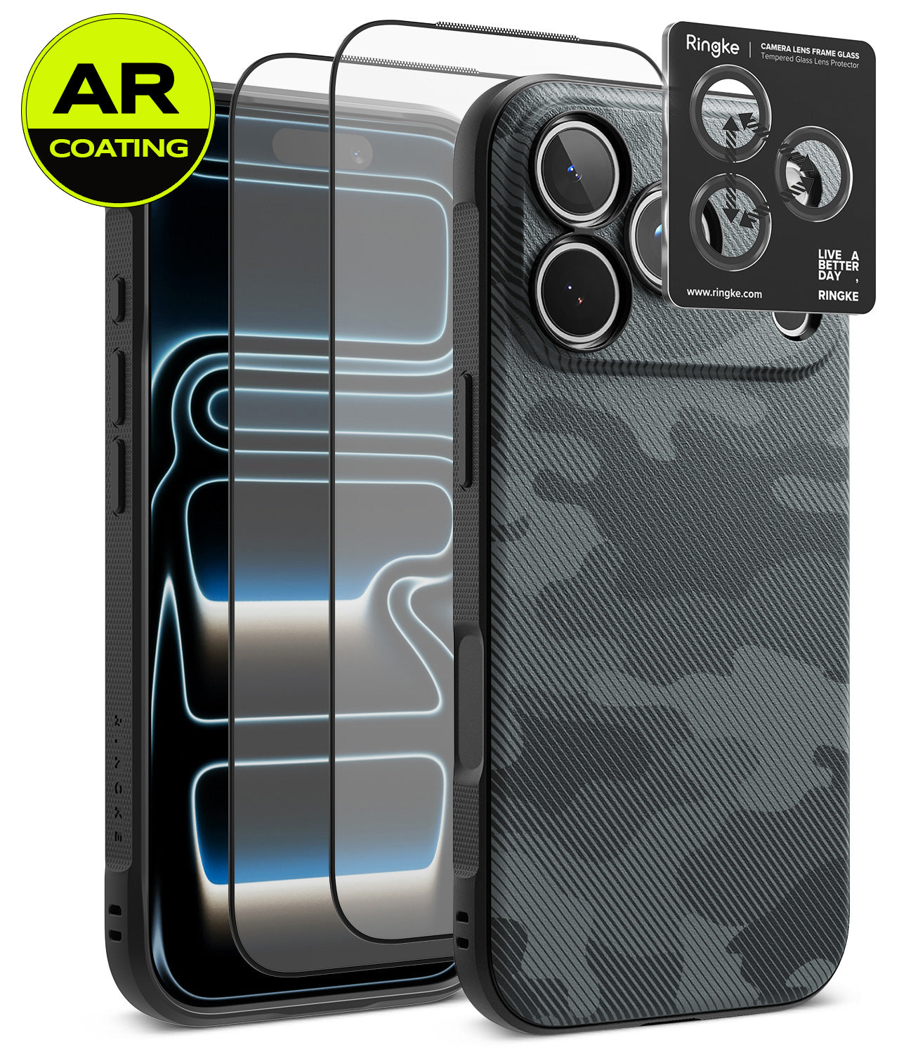 [Bundle] iPhone 18 Pro / Pro Max | Onyx + AR Protectors - A smartphone case set shown on a phone mockup against a clean white background. The product includes a black case with a dark gray carbon-fiber-style back, two clear AR-coated screen protectors, and a black camera lens protector sticker.