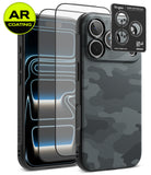 [Bundle] iPhone 18 Pro / Pro Max | Onyx + AR Protectors - A smartphone case set shown on a phone mockup against a clean white background. The product includes a black case with a dark gray carbon-fiber-style back, two clear AR-coated screen protectors, and a black camera lens protector sticker.