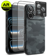 [Bundle] iPhone 18 Pro / Pro Max | Onyx + AR Protectors - A smartphone case set shown on a phone mockup against a clean white background. The product includes a black case with a dark gray carbon-fiber-style back, two clear AR-coated screen protectors, and a black camera lens protector sticker.