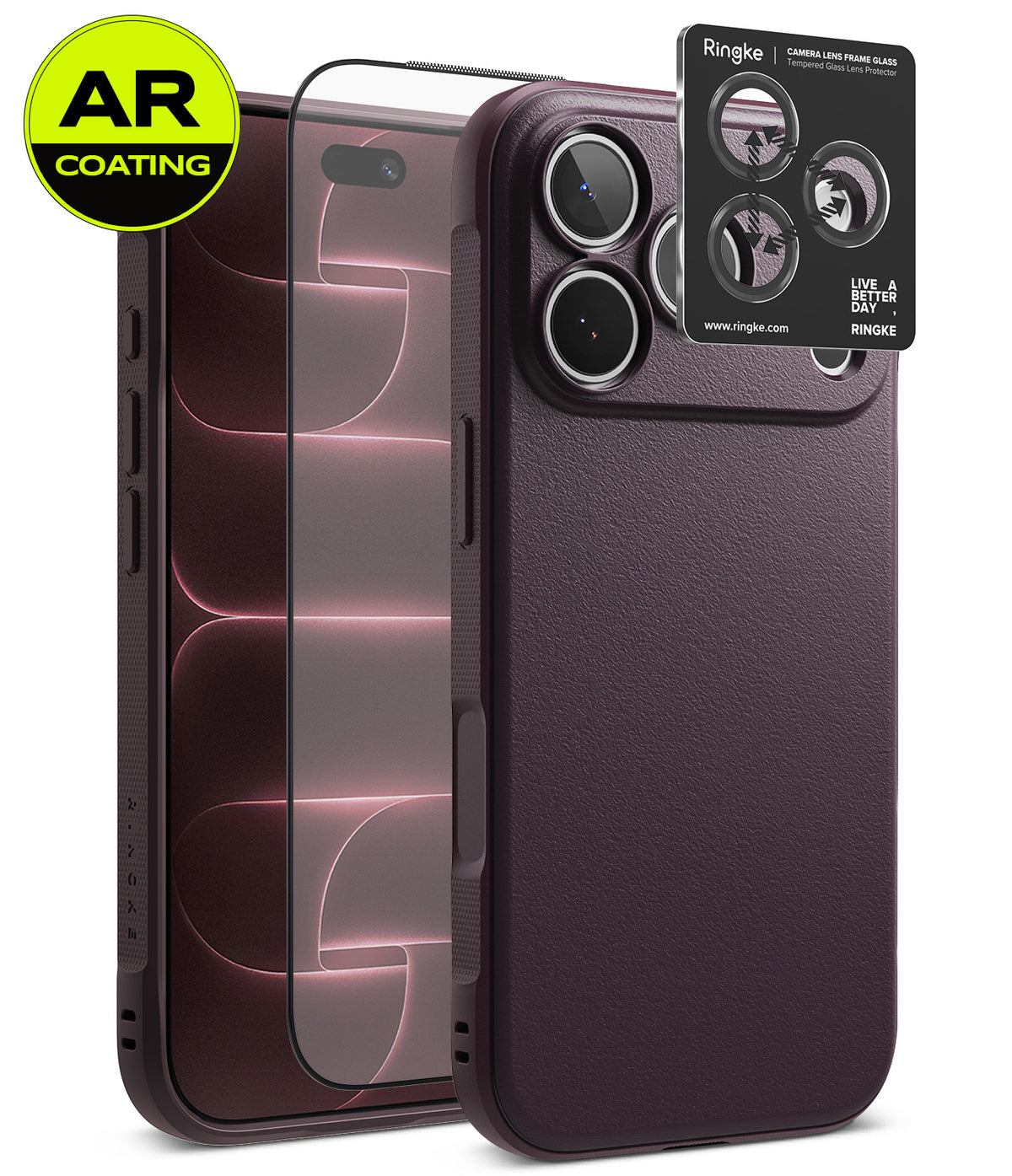 iPhone 18 Pro | Onyx + AR - A dark plum purple phone case with a textured leather-like finish, shown alongside a transparent AR-coated screen protector and a black Ringke camera lens protector sticker. The Ringke brand is clearly visible on the sticker.