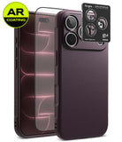 iPhone 18 Pro Max | Onyx + AR - A dark plum purple phone case with a textured leather-like finish, shown alongside a transparent AR-coated screen protector and a black Ringke camera lens protector sticker. The Ringke brand is clearly visible on the sticker.