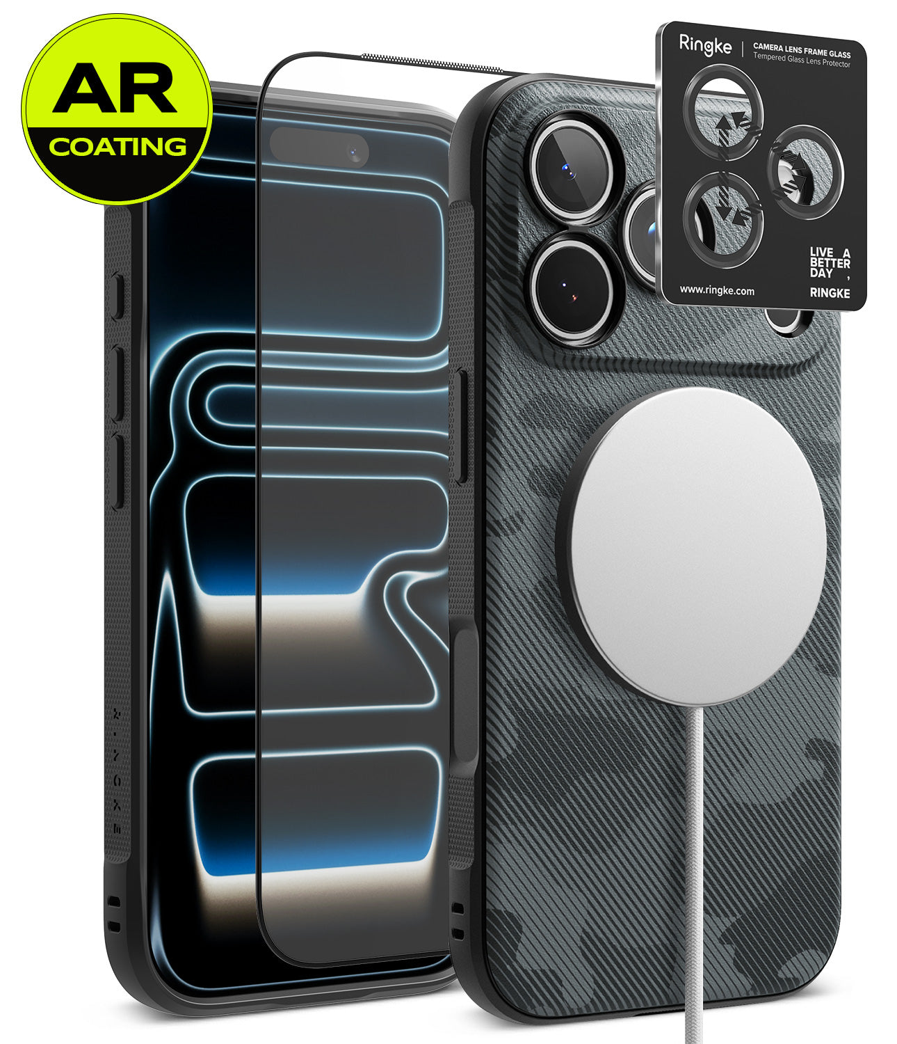 [Bundle] iPhone 18 Pro / Pro Max | Onyx Magnetic + AR Protectors - A carbon fiber phone case with a MagSafe-compatible magnetic ring, shown alongside two AR-coated screen protectors and a Ringke camera lens protector sticker. The case features a dark gray and black textured carbon fiber pattern.
