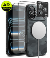 [Bundle] iPhone 18 Pro / Pro Max | Onyx Magnetic + AR Protectors - A carbon fiber phone case with a MagSafe-compatible magnetic ring, shown alongside two AR-coated screen protectors and a Ringke camera lens protector sticker. The case features a dark gray and black textured carbon fiber pattern.