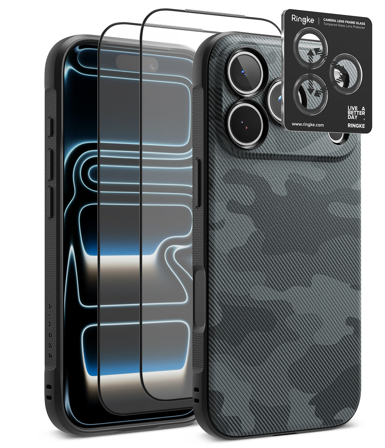[Bundle] iPhone 18 Pro / Pro Max | Onyx + Protectors - A black protective phone case with a dark gray carbon-fiber-texture back and black camera surround, shown alongside two transparent screen protectors and a black Ringke camera lens protector sticker on a white background.