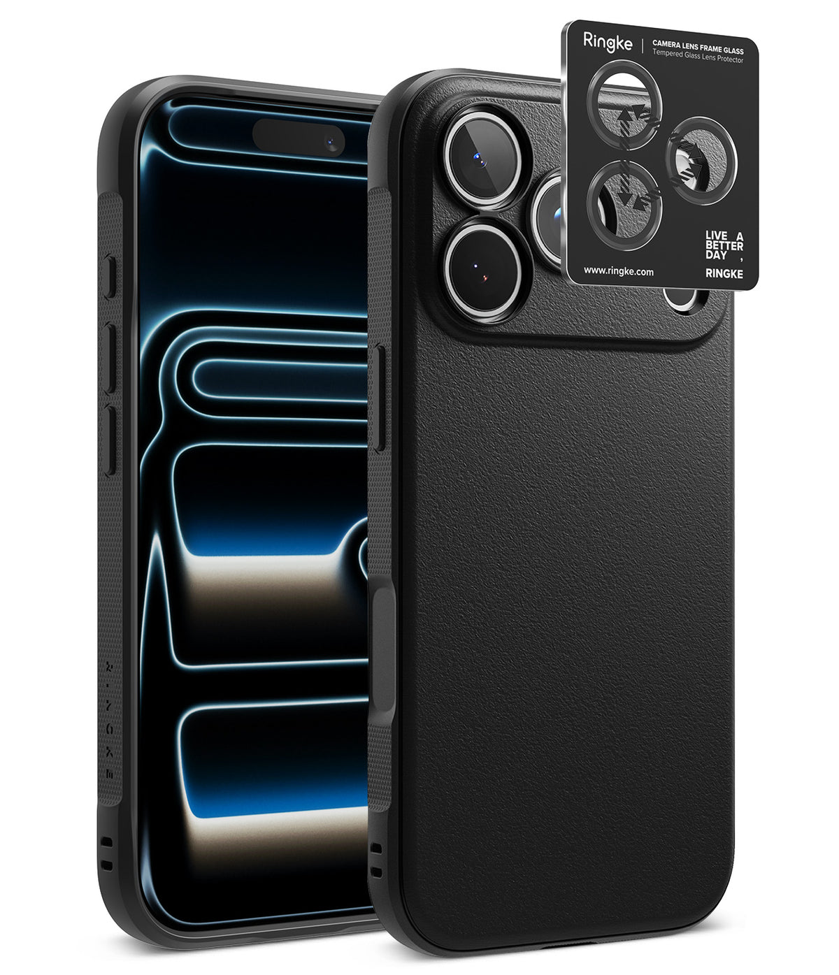 [Bundle] iPhone 18 Pro / Pro Max | Onyx + Protectors - A black textured phone case shown from the back, with a smartphone inserted to demonstrate fit. A small branded sticker card for Ringke is placed near the camera cutout area.