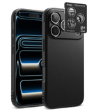 [Bundle] iPhone 18 Pro / Pro Max | Onyx + Protectors - A black textured phone case shown from the back, with a smartphone inserted to demonstrate fit. A small branded sticker card for Ringke is placed near the camera cutout area.
