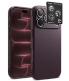 iPhone 18 Pro | Onyx + Privacy (2P) - A dark plum textured phone case shown on a smartphone from the back, alongside a black Ringke camera lens protector sticker, on a clean white background.