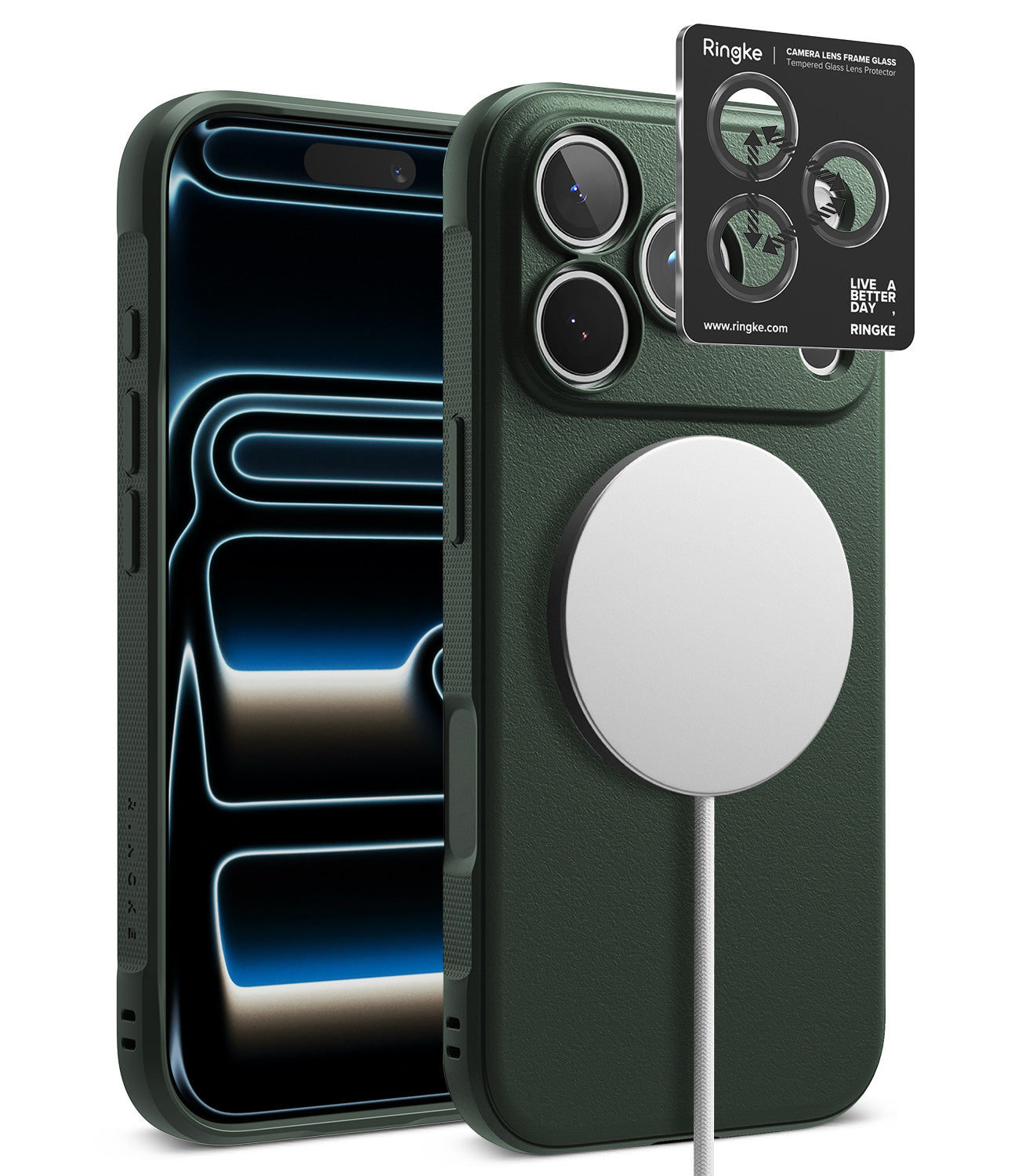 [Bundle] iPhone 18 Pro / Pro Max | Onyx Magnetic + AR Protectors - Ringke MagSafe-compatible phone case shown on a smartphone, with the back view featuring a large circular MagSafe ring and camera cutouts, alongside a black Ringke card and a phone displaying a blue-black wallpaper.