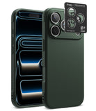 [Bundle] iPhone 18 Pro / Pro Max | Onyx + Protectors - A dark green textured phone case shown on a smartphone, with a black Ringke camera lens protector sticker applied to the rear camera module. The image is set against a clean white background.
