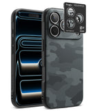 [Bundle] iPhone 18 Pro / Pro Max | Onyx + Privacy Protectors - Ringke camera lens protector set shown on a smartphone, featuring a dark gray carbon-fiber-texture camo pattern on the back cover and a black protective lens sticker with three circular cutouts, displayed against a clean white background.