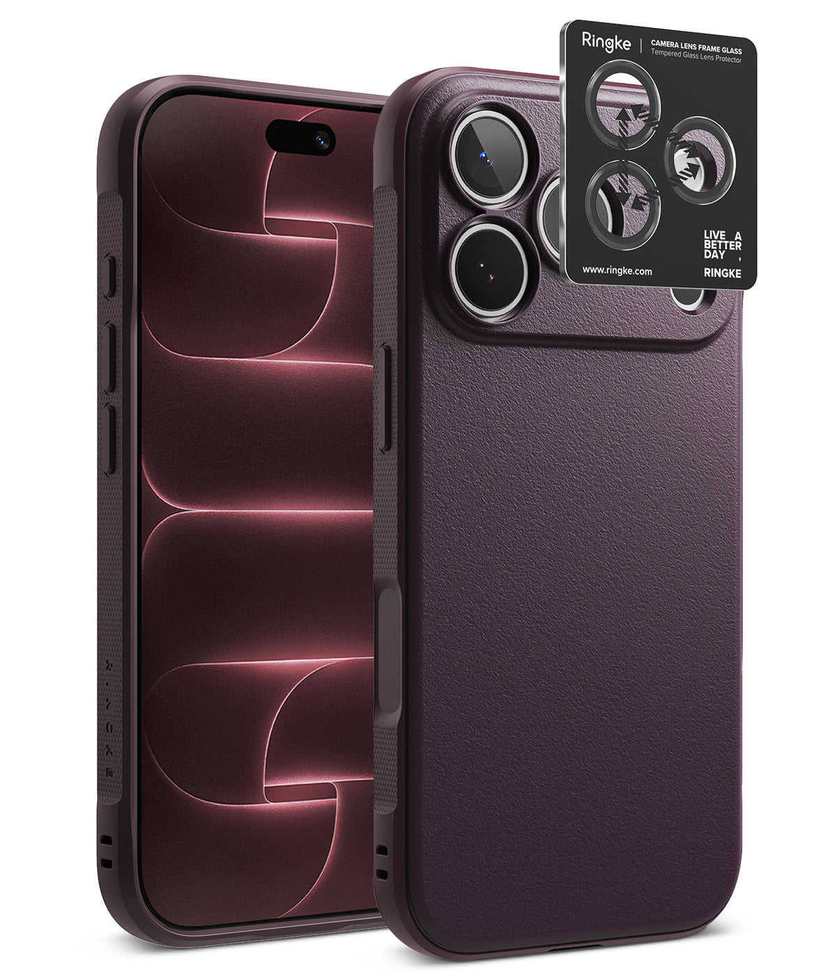 iPhone 18 Pro Max | Onyx + Screen (2P) - A dark plum textured phone case shown on a smartphone from the back, alongside a black Ringke camera lens protector sticker, on a clean white background.