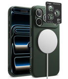 [Bundle] iPhone 18 Pro / Pro Max | Onyx Magnetic + Privacy Protectors - Ringke MagSafe-compatible phone case shown on a smartphone, with the back view featuring a large circular MagSafe ring and camera cutouts, alongside a black Ringke card and a phone displaying a blue-black wallpaper.