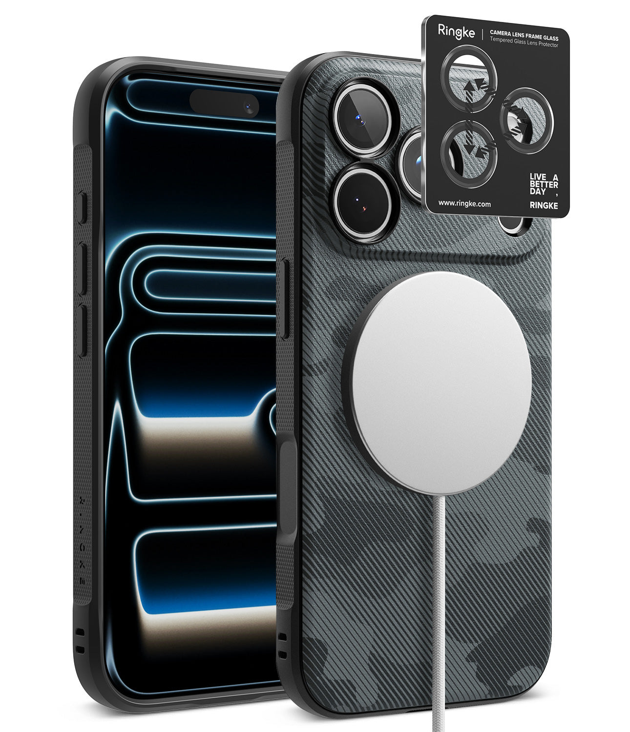 [Bundle] iPhone 18 Pro / Pro Max | Onyx Magnetic + Protectors - A Ringke iPhone case shown from the back and side, featuring a dark gray carbon fiber texture with a black camouflage pattern. The image includes a black Ringke camera lens protector sticker and a white MagSafe ring on a white background.