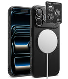 [Bundle] iPhone 18 Pro / Pro Max | Onyx Magnetic + Protectors - Ringke MagSafe-compatible phone case shown on a smartphone, with the back view featuring a large circular MagSafe ring and camera cutouts, alongside a black Ringke card and a phone displaying a blue-black wallpaper.
