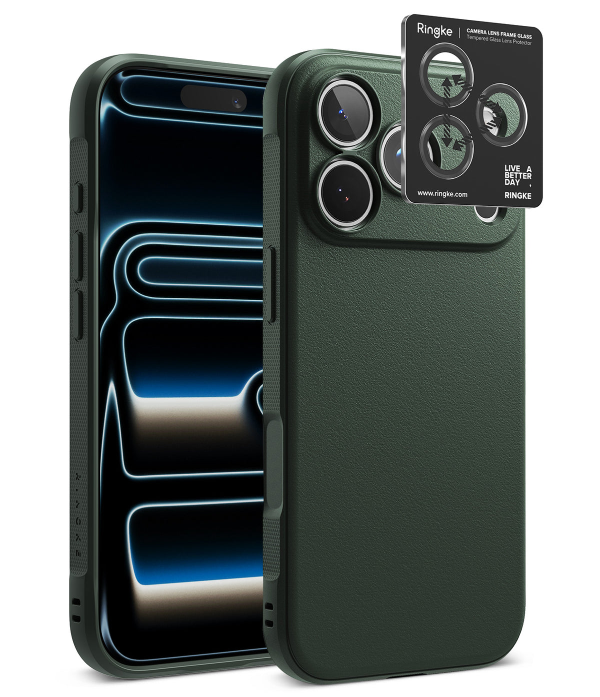 [Bundle] iPhone 18 Pro / Pro Max | Onyx + Privacy Protectors - A dark green textured phone case shown on a smartphone, with a black Ringke camera lens protector sticker applied to the rear camera module. The image is set against a clean white background.