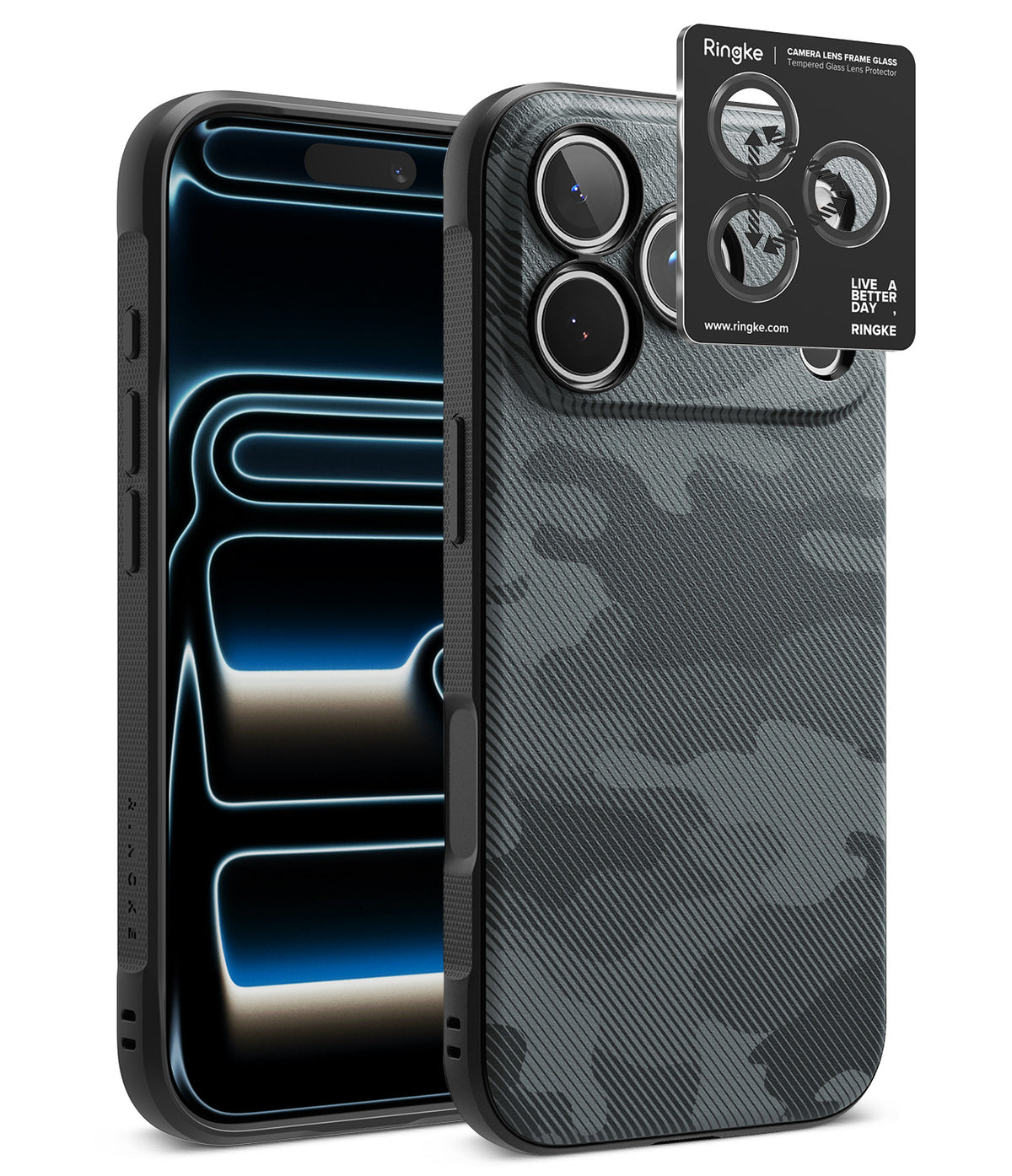 [Bundle] iPhone 18 Pro / Pro Max | Onyx + Protectors - Ringke camera lens protector set shown on a smartphone, featuring a dark gray carbon-fiber-texture camo pattern on the back cover and a black protective lens sticker with three circular cutouts, displayed against a clean white background.