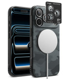 [Bundle] iPhone 18 Pro / Pro Max | Onyx Magnetic + AR Protectors - A Ringke iPhone case shown from the back and side, featuring a dark gray carbon fiber texture with a black camouflage pattern. The image includes a black Ringke camera lens protector sticker and a white MagSafe ring on a white background.