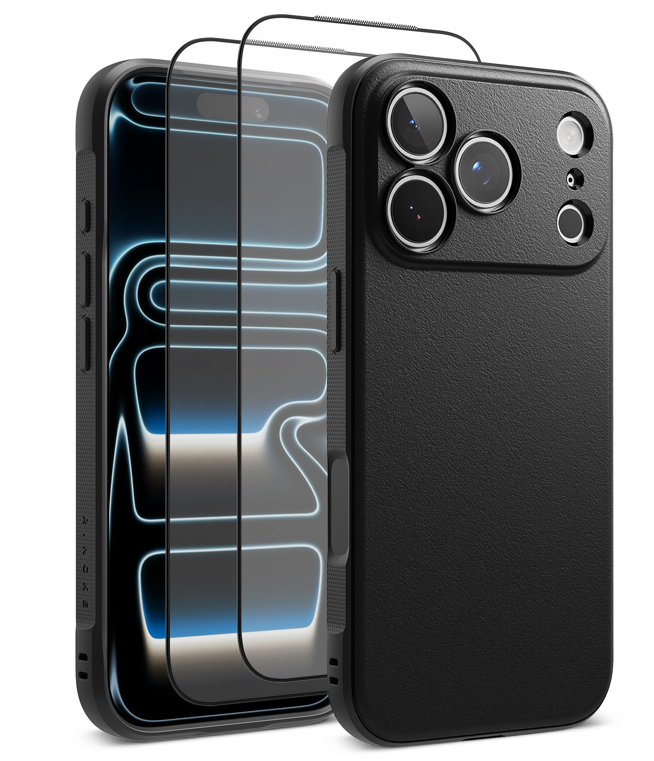 [Bundle] iPhone 18 Pro / Pro Max | Onyx + Protectors - A black textured phone case shown on a smartphone, with a transparent screen protector overlay displayed in front. The phone case has a raised camera module cutout and is photographed on a clean white background.
