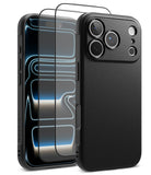 [Bundle] iPhone 18 Pro / Pro Max | Onyx + Protectors - A black textured phone case shown on a smartphone, with a transparent screen protector overlay displayed in front. The phone case has a raised camera module cutout and is photographed on a clean white background.