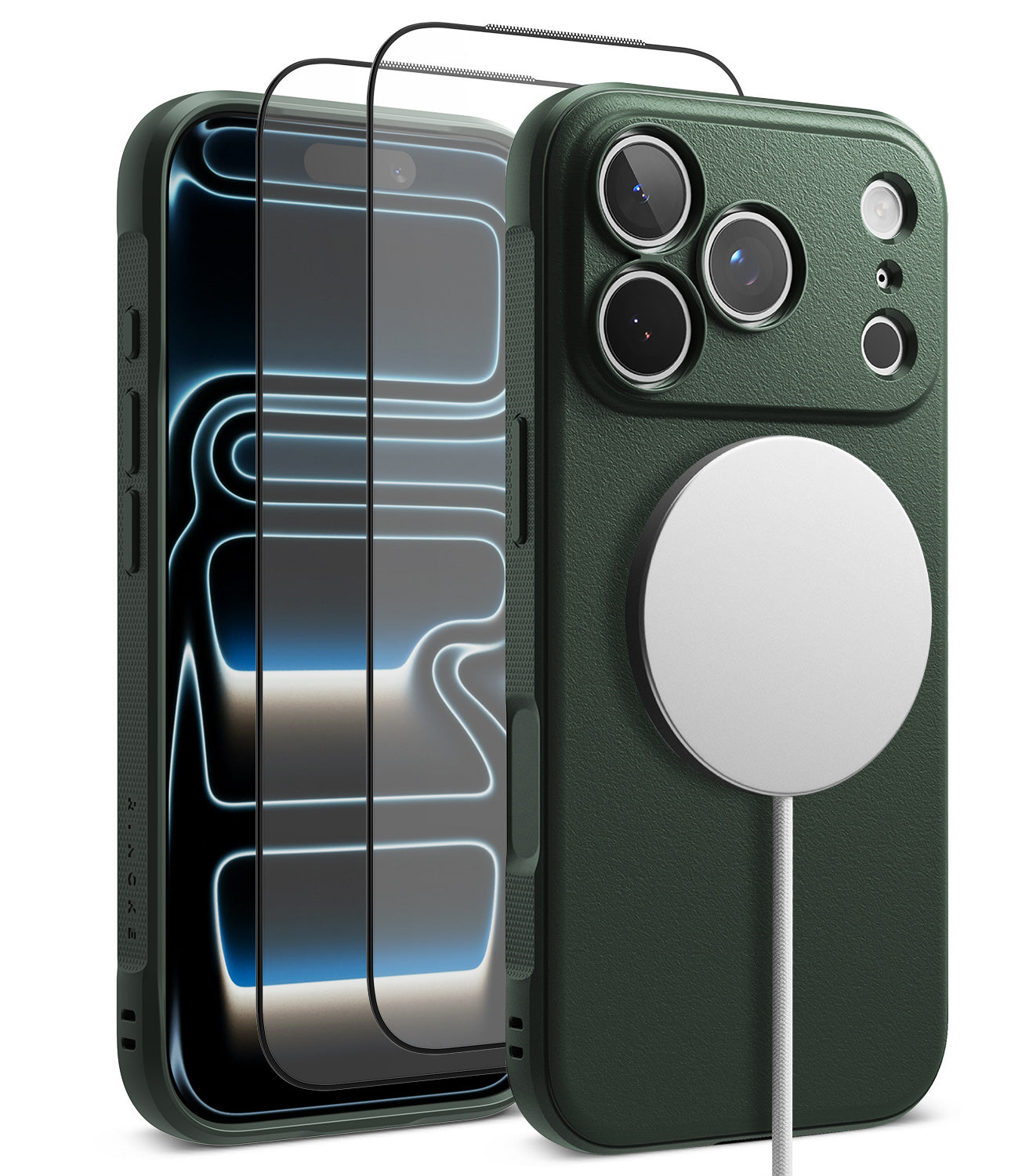 [Bundle] iPhone 18 Pro / Pro Max | Onyx Magnetic + Protectors - Dark green MagSafe-compatible phone case shown on a smartphone, with a transparent screen protector overlay and a white MagSafe ring visible on the back, against a clean white background.