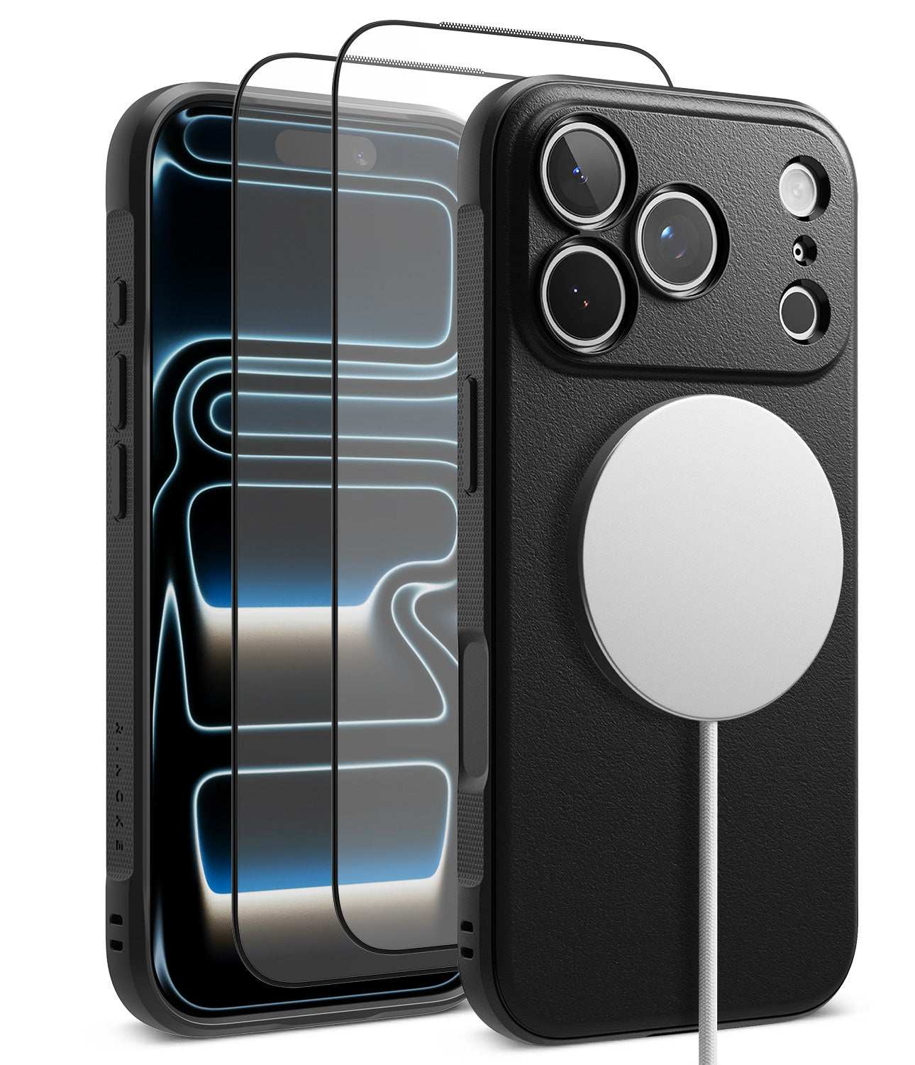 [Bundle] iPhone 18 Pro / Pro Max | Onyx Magnetic + Protectors - A black textured phone case shown from the back, with a MagSafe-style magnetic ring attached. A second view of the same case appears on the left, showing a phone inside with a clear screen protector overlay.