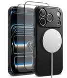 [Bundle] iPhone 18 Pro / Pro Max | Onyx Magnetic + Protectors - A black textured phone case shown from the back, with a MagSafe-style magnetic ring attached. A second view of the same case appears on the left, showing a phone inside with a clear screen protector overlay.