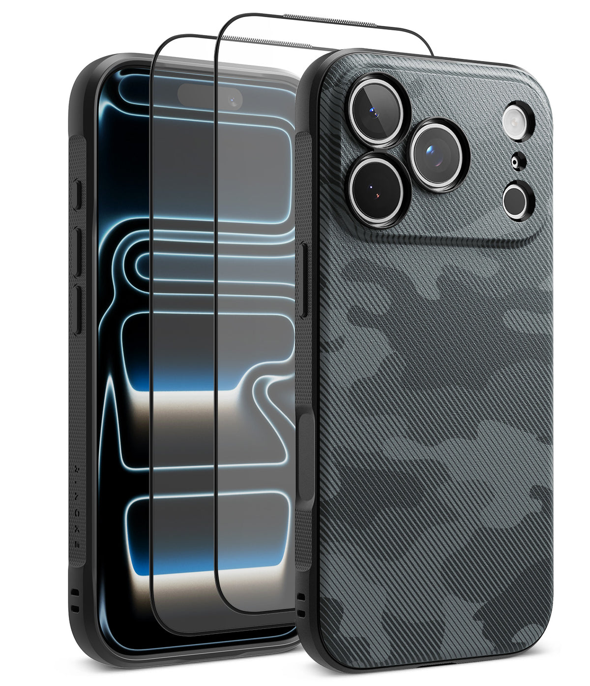 [Bundle] iPhone 18 Pro / Pro Max | Onyx + Protectors - A black carbon-fiber-texture phone case shown on the back of a smartphone, alongside a matching clear screen protector with a black frame, set against a plain white background.