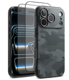 [Bundle] iPhone 18 Pro / Pro Max | Onyx + Protectors - A black carbon-fiber-texture phone case shown on the back of a smartphone, alongside a matching clear screen protector with a black frame, set against a plain white background.