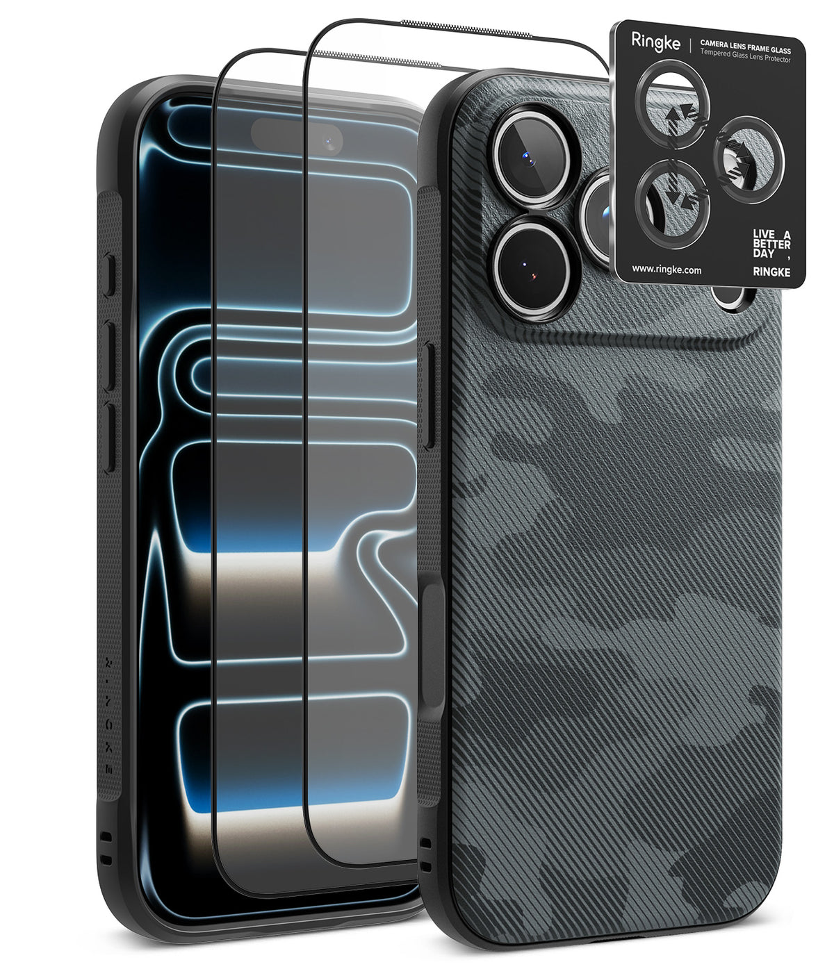 [Bundle] iPhone 18 Pro / Pro Max | Onyx + Protectors - A black protective phone case with a dark gray carbon-fiber-texture back and black camera surround, shown alongside two transparent screen protectors and a black Ringke camera lens protector sticker on a white background.