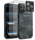 [Bundle] iPhone 18 Pro / Pro Max | Onyx + Protectors - A black protective phone case with a dark gray carbon-fiber-texture back and black camera surround, shown alongside two transparent screen protectors and a black Ringke camera lens protector sticker on a white background.