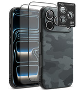 [Bundle] iPhone 18 Pro / Pro Max | Onyx + Protectors - A black protective phone case with a dark gray carbon-fiber-texture back and black camera surround, shown alongside two transparent screen protectors and a black Ringke camera lens protector sticker on a white background.