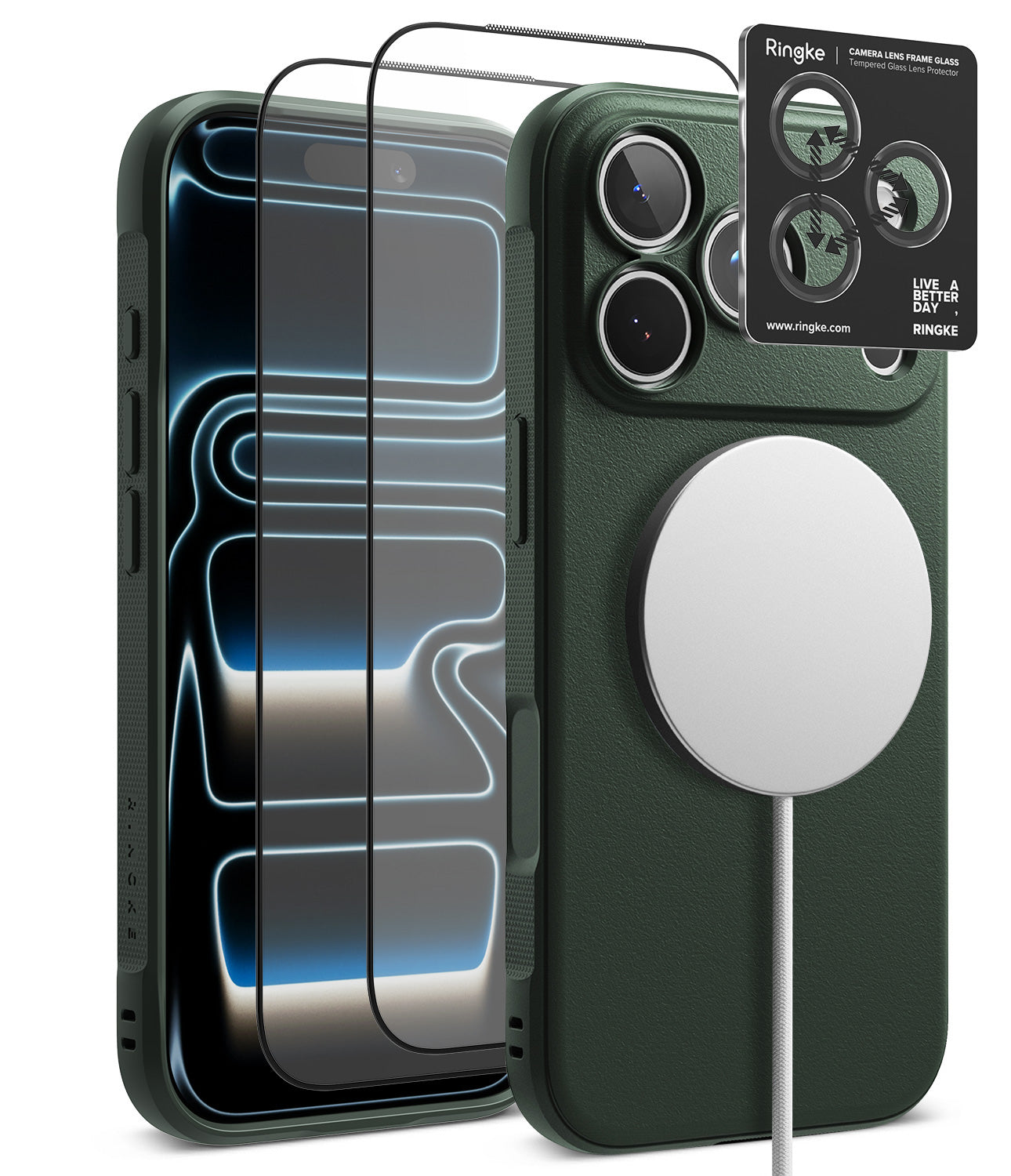 [Bundle] iPhone 18 Pro / Pro Max | Onyx Magnetic + Protectors - Ringke camera lens protector set shown on a black smartphone case with a MagSafe ring, alongside two transparent screen protectors and a black product card.