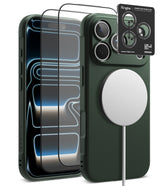[Bundle] iPhone 18 Pro / Pro Max | Onyx Magnetic + Protectors - Ringke camera lens protector set shown on a black smartphone case with a MagSafe ring, alongside two transparent screen protectors and a black product card.