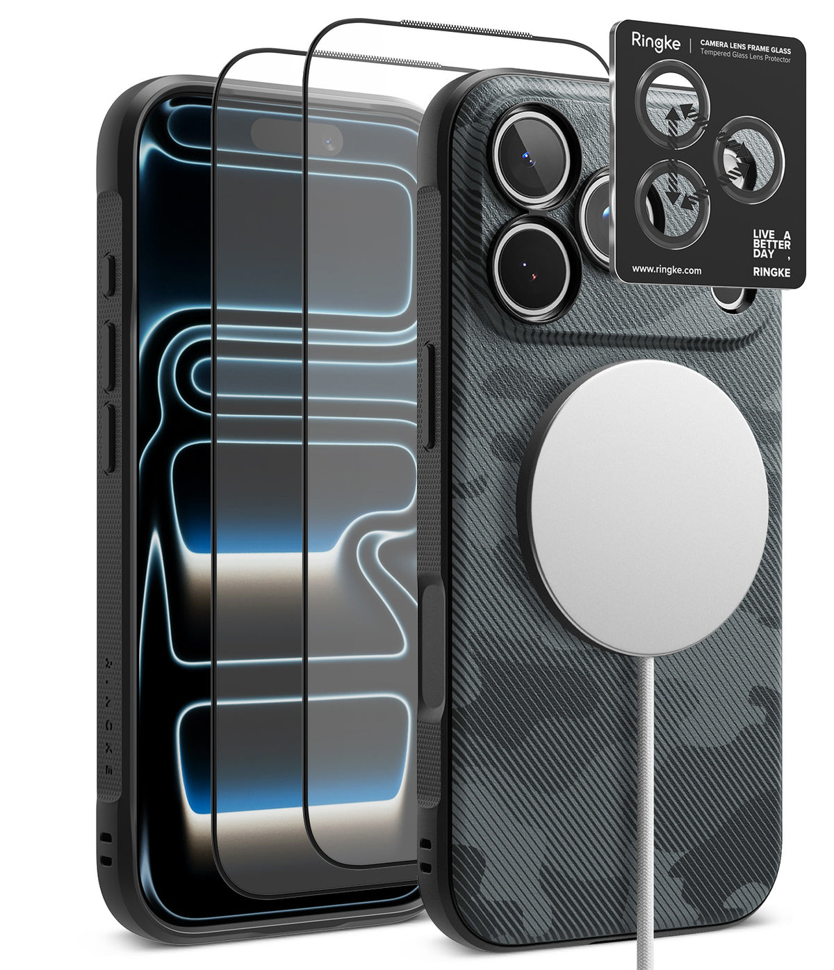 [Bundle] iPhone 18 Pro / Pro Max | Onyx Magnetic + Protectors - Ringke camera glass flap protector set shown on a smartphone case, with two transparent protective film pieces floating in front of a phone case and a black Ringke camera glass flap card on a white background.
