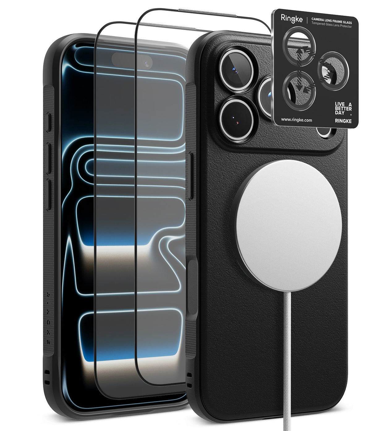 [Bundle] iPhone 18 Pro / Pro Max | Onyx Magnetic + Protectors - Ringke camera lens protector set shown on a black smartphone case with a MagSafe ring, alongside two transparent screen protectors and a black product card.