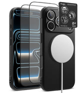 [Bundle] iPhone 18 Pro / Pro Max | Onyx Magnetic + Protectors - Ringke camera lens protector set shown on a black smartphone case with a MagSafe ring, alongside two transparent screen protectors and a black product card.