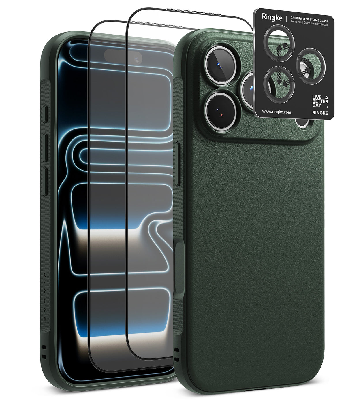 [Bundle] iPhone 18 Pro / Pro Max | Onyx + Protectors - A dark green textured phone case shown with a smartphone inside and two transparent screen protectors floating in front. A small black Ringke camera lens protector card is also shown at the top right.