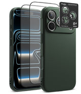 [Bundle] iPhone 18 Pro / Pro Max | Onyx + Protectors - A dark green textured phone case shown with a smartphone inside and two transparent screen protectors floating in front. A small black Ringke camera lens protector card is also shown at the top right.
