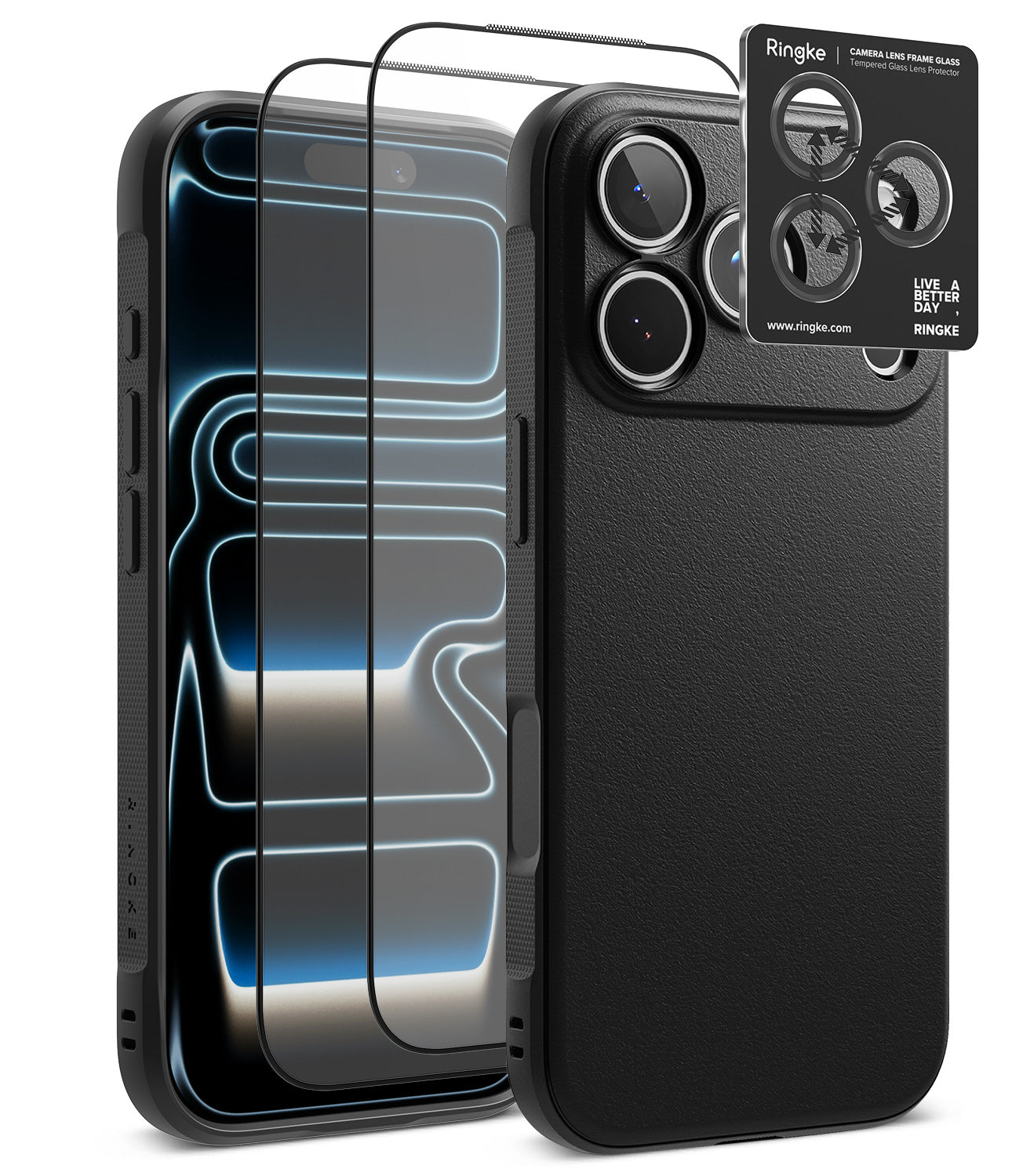 [Bundle] iPhone 18 Pro / Pro Max | Onyx + Protectors - A black textured phone case shown from the back, with two transparent screen protectors floating in front and a small Ringke camera lens protector card overlaid at the top right, on a clean white background.