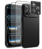 [Bundle] iPhone 18 Pro / Pro Max | Onyx + Protectors - A black textured phone case shown from the back, with two transparent screen protectors floating in front and a small Ringke camera lens protector card overlaid at the top right, on a clean white background.