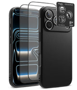 [Bundle] iPhone 18 Pro / Pro Max | Onyx + Protectors - A black textured phone case shown from the back, with two transparent screen protectors floating in front and a small Ringke camera lens protector card overlaid at the top right, on a clean white background.