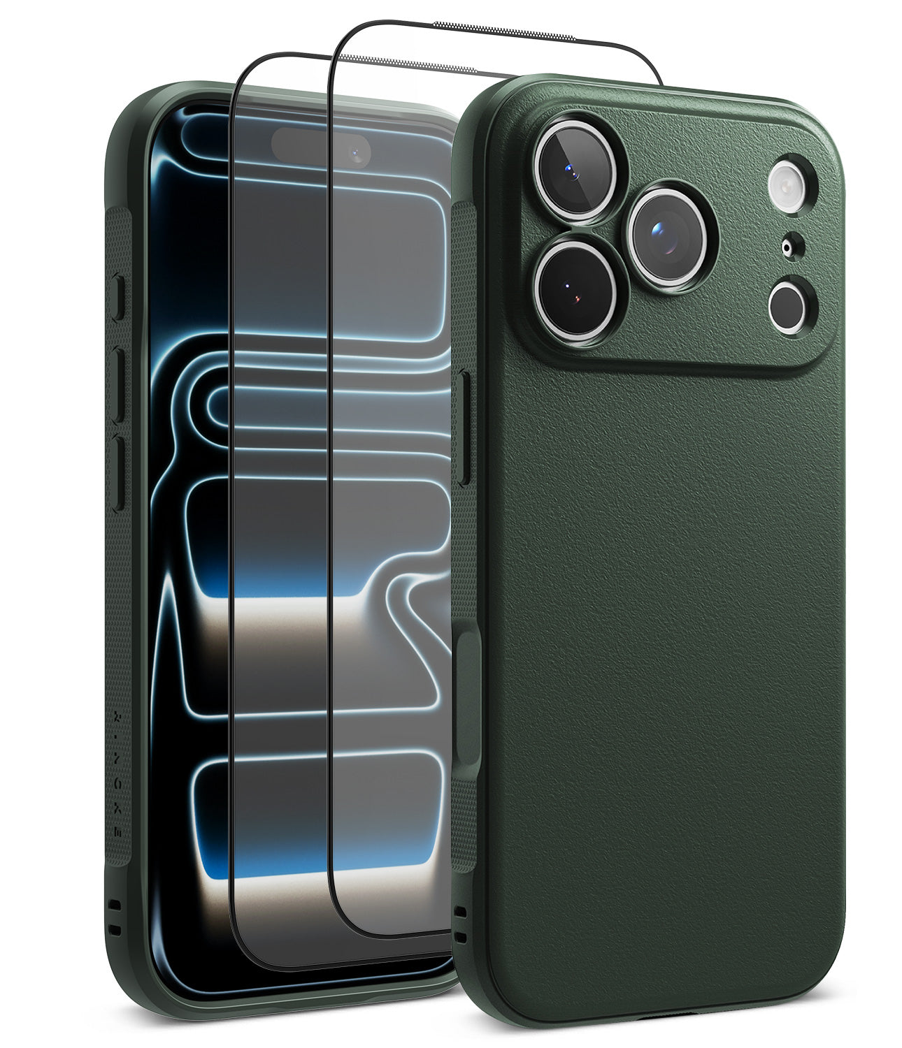 [Bundle] iPhone 18 Pro / Pro Max | Onyx + Protectors - A dark forest green textured phone case shown on a smartphone, with a transparent tempered glass screen protector positioned in front of the phone. The case features a rugged bumper edge and precise cutouts for the camera lenses and flash.