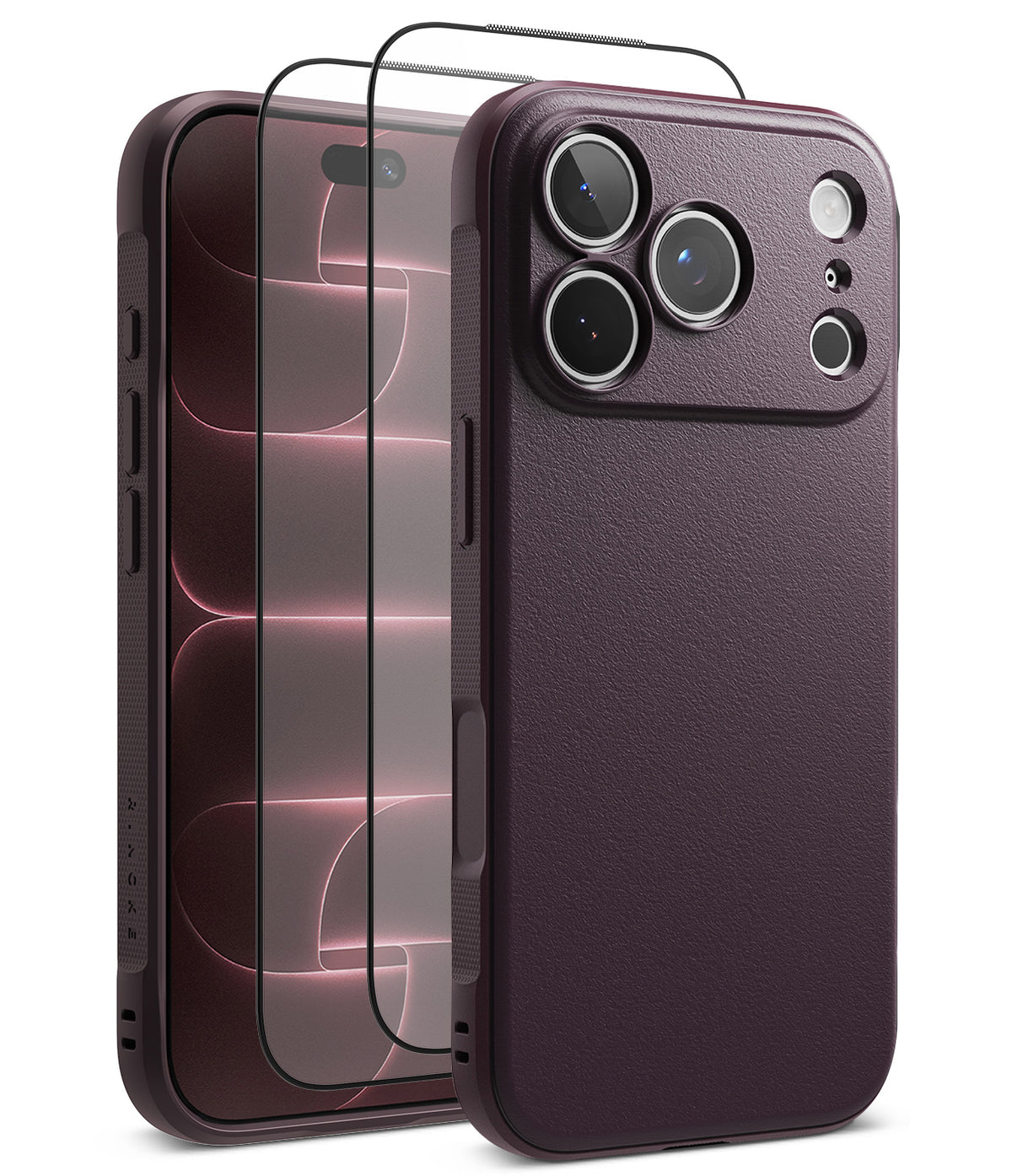 iPhone 18 Pro Max | Onyx + Screen (2P) - A dark plum purple textured phone case shown from the back, with a matching clear tempered glass screen protector displayed in front on a white background.