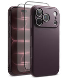 iPhone 18 Pro Max | Onyx + Screen (2P) - A dark plum purple textured phone case shown from the back, with a matching clear tempered glass screen protector displayed in front on a white background.